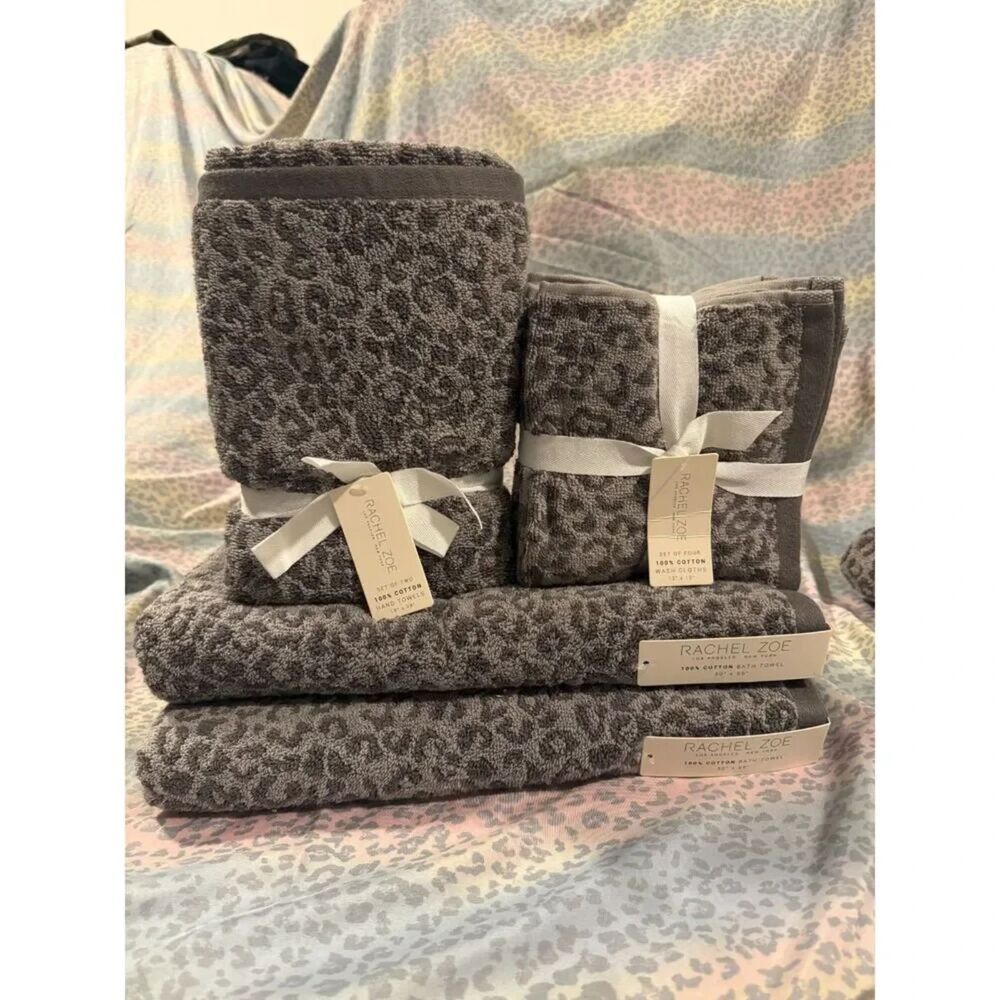 Rachel Zoe Leopard cheetahTowel Set 100% Cotton Bath, Hand Washcloths reversable